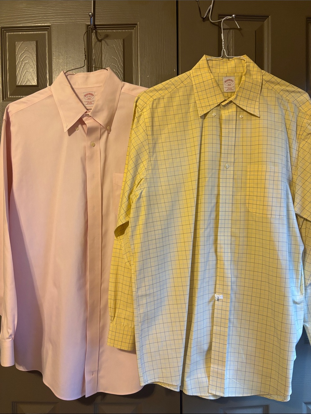 2-Brooks Brothers Pink Solid Shirt & Yellow Checked Dress Shirt